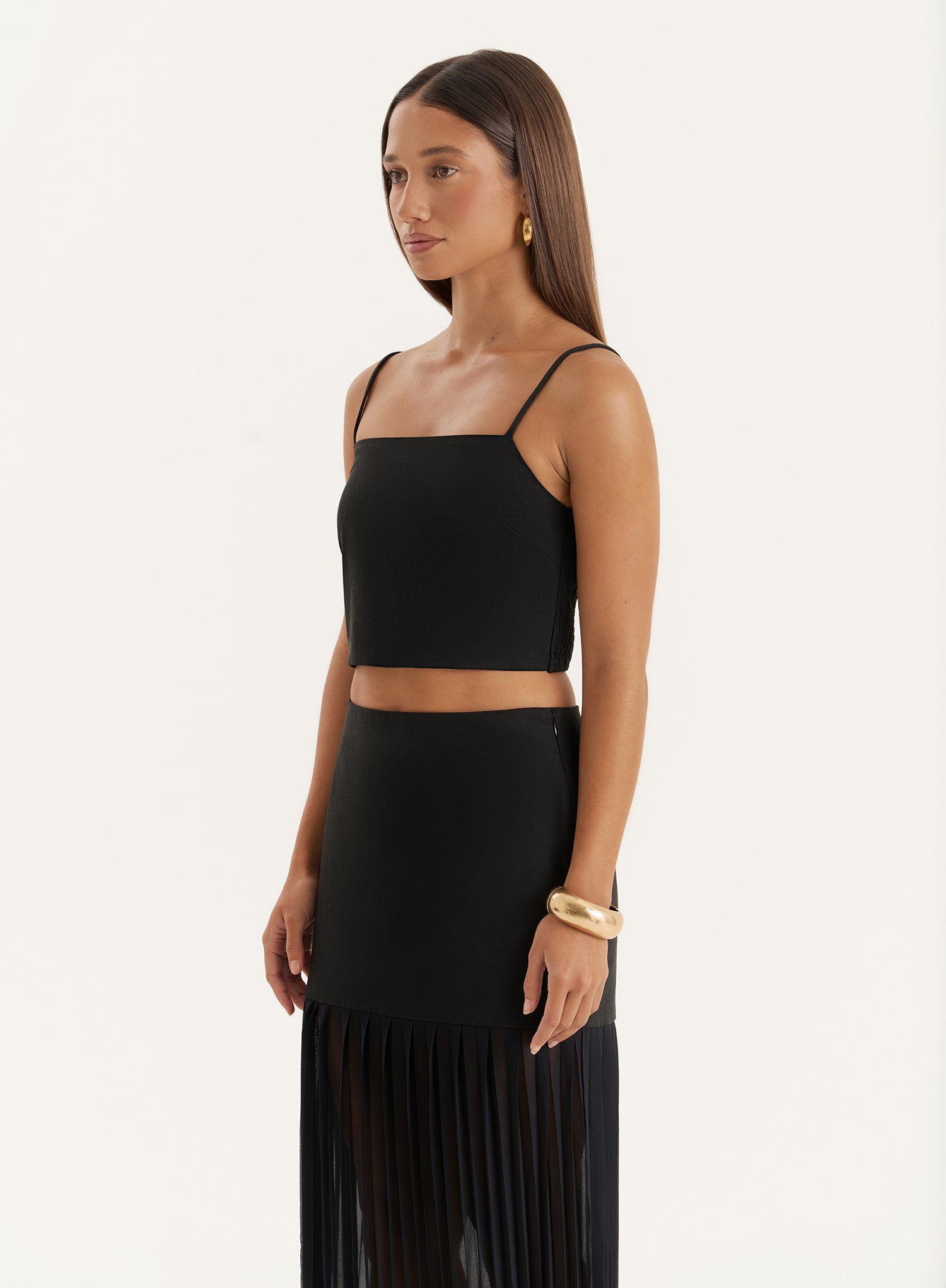 Black Side Split Pleated Maxi Skirt
